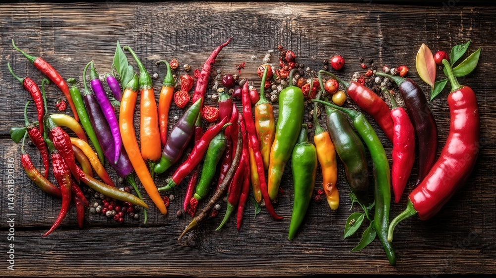 Poster freshly harvested peppers of various colors displayed on a rustic wooden table creating a natural an
