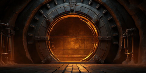 large, industrial vault door stands prominently dimly lit environment, exuding aura of mystery and intrigue. metallic surface reflects warm, glowing light, creating dramatic contrast with dark