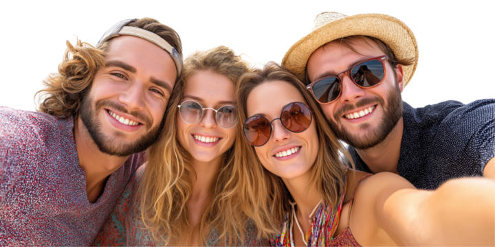 Group of friends smiling and taking selfie isolated on white background