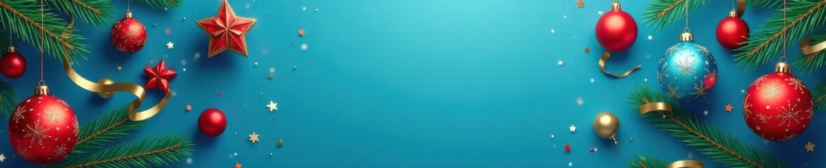 Blue background with vector illustrations of modern Christmas ornaments and decorations, blue background, holly berries, modern design