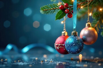 Sparkling Christmas ornaments hanging from a blue ribbon with berries and holly leaves , Holiday Decor, Holly Leaves