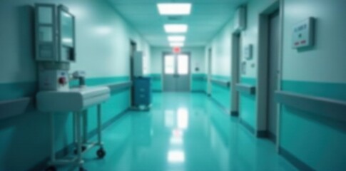 Fototapeta premium Blur hospital corridor background with medical equipment, white walls, hospital