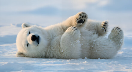 Playful polar bear cub rolling in snow with arctic bliss, and carefree.
