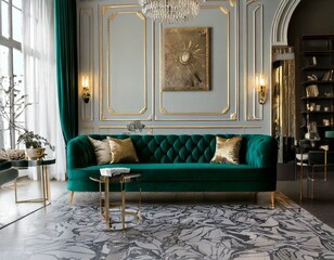 Luxurious living room with a velvet emerald green sofa, gold accents, and a marble floor