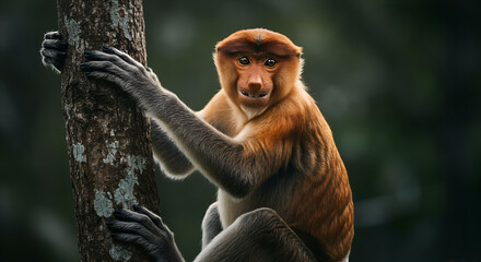 Naklejka premium Borneo Proboscis Monkey Climbing a Tree in Rainforest.