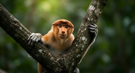 Fototapeta premium Proboscis Monkey Borneos BigNosed Icon gazing from a tree branch.
