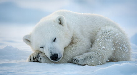 Naklejka premium Arctic Slumber Polar bear sleeps peacefully on ice floe Vulnerable species.