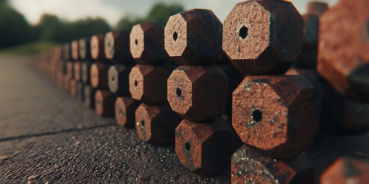 Long row of weathered decagonal concrete barriers stretches to the horizon