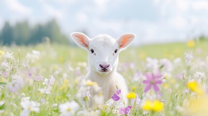 Fototapeta premium Fluffy lamb in a meadow of flowers