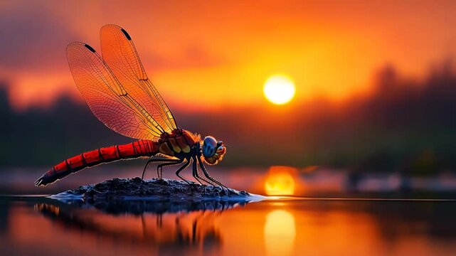 Dragonfly Sunset Serenity: A breathtaking view of a vibrant dragonfly at sunset near a tranquil lake.
