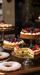 Delicious cakes displayed in the patisserie showcase