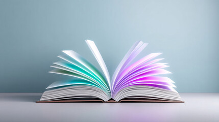 Fototapeta premium open book with colorful, glowing pages creates futuristic and imaginative atmosphere. vibrant hues of blue, green, and purple add sense of wonder and creativity to scene