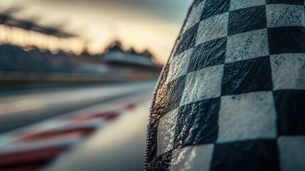 Close-Up of a Checkered Racing Flag at Sunset with Racing Track in Background