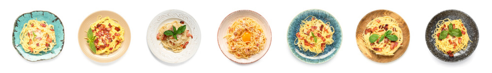 Set of tasty pasta carbonara on white background, top view
