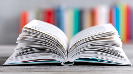 open book with pages fanned out lies on wooden surface, with colorful blurred books in background, creating vibrant and inviting atmosphere for reading