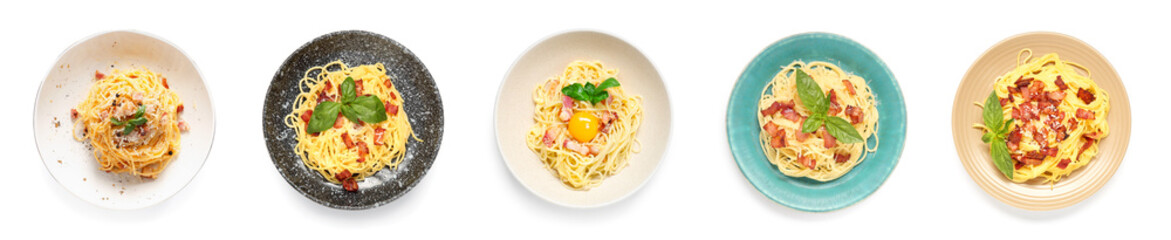 Set of tasty pasta carbonara on white background, top view
