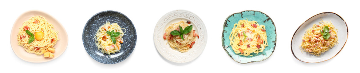 Set of tasty pasta carbonara on white background, top view