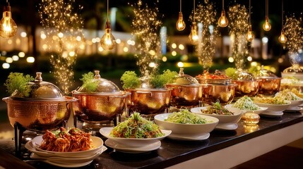 An impressive buffet spread featuring a diverse range of mouthwatering dishes prepared for a grand celebration