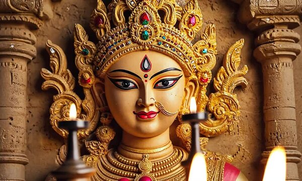 Ornate golden goddess Durga bust, detailed carving.