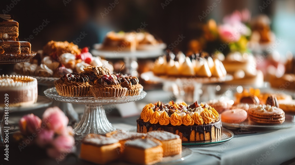 Aufkleber an exquisite table displayed with a variety of delicious cakes, showcasing an array of colors and te
