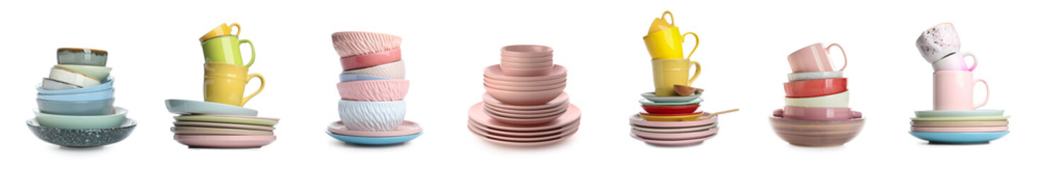 Set of tableware on white background