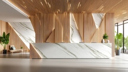 A modern office space featuring a sleek marble counter alongside stylish furniture creating a professional atmosphere