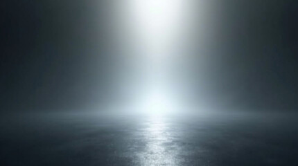 A solitary beam of hope pierces the heavy fog, illuminating a path forward on a dark, reflective surface.