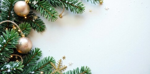 Close-up of fir branches on white board with falling snowflakes and sparkling Christmas ornaments, decorative elements, christmas decorations