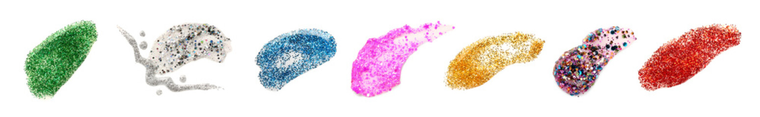 Set of different glitters on white background
