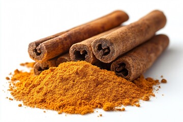 Cinnamon Sticks and Powder: Aromatic cinnamon sticks rest on a mound of ground cinnamon powder, showcasing the spice's versatility and warm, inviting essence. on white background