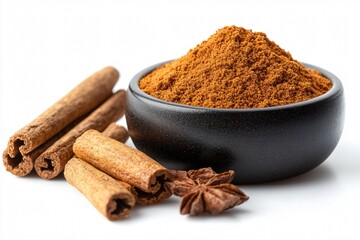 Cinnamon Spice Still Life: A close-up shot showcasing a collection of aromatic cinnamon sticks and ground cinnamon arranged in a ceramic bowl, accompanied by a star anise.on white background