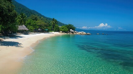 Obraz premium A beautiful tropical beach with turquoise water and lush greenery