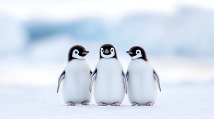 Fototapeta premium Three adorable baby penguins stand side-by-side on a snowy landscape