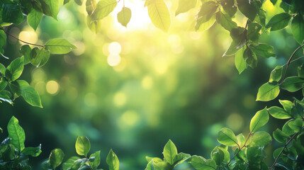 Sunlit green leaf framing bright and blurry natural background
