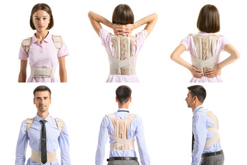 Set of people in back braces on white background