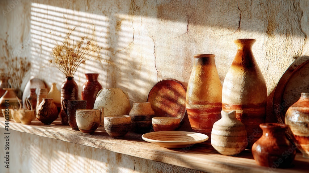 Poster a beautifully arranged shelf displaying various pottery pieces in different shapes and colors creati