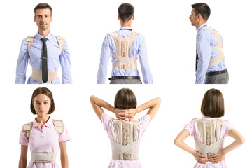 Set of people in back braces on white background