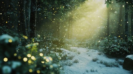 Enchanting Winter Forest Path with Fireflies