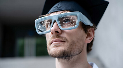 person wearing augmented reality glasses displays mathematical formulas, symbolizing advanced technology in education. scene conveys innovation and futuristic learning