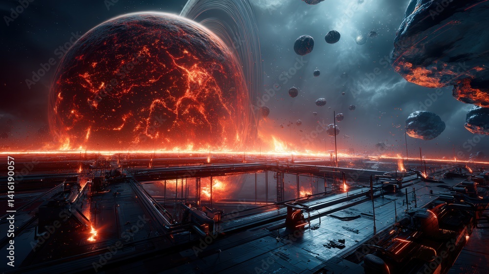 Aufkleber futuristic sci-fi themed space station orbiting in deep space surrounded by stars and planets creati