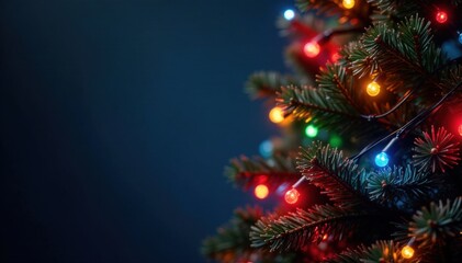 Colorful LED lights wrapping around a tall Christmas tree , lights, branches, festive