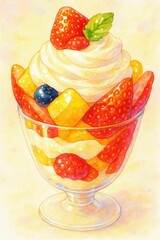 Watercolor Fruit Parfait Dessert with Whipped Cream in Glass