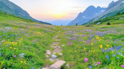 A picturesque mountain meadow bathed in sunset light. A path winds through a vibrant display of wildflowers