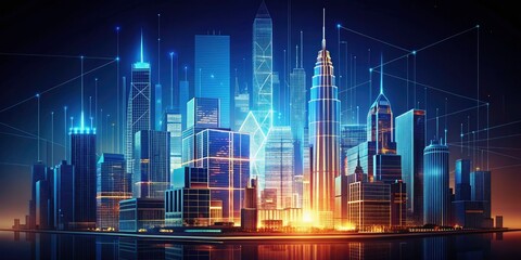 Glowing Cityscape Silhouette Architectural Blueprint Night Photography