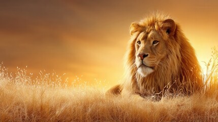 Majestic lion roaming freely in a lush green field under a bright blue sky with fluffy white clouds above