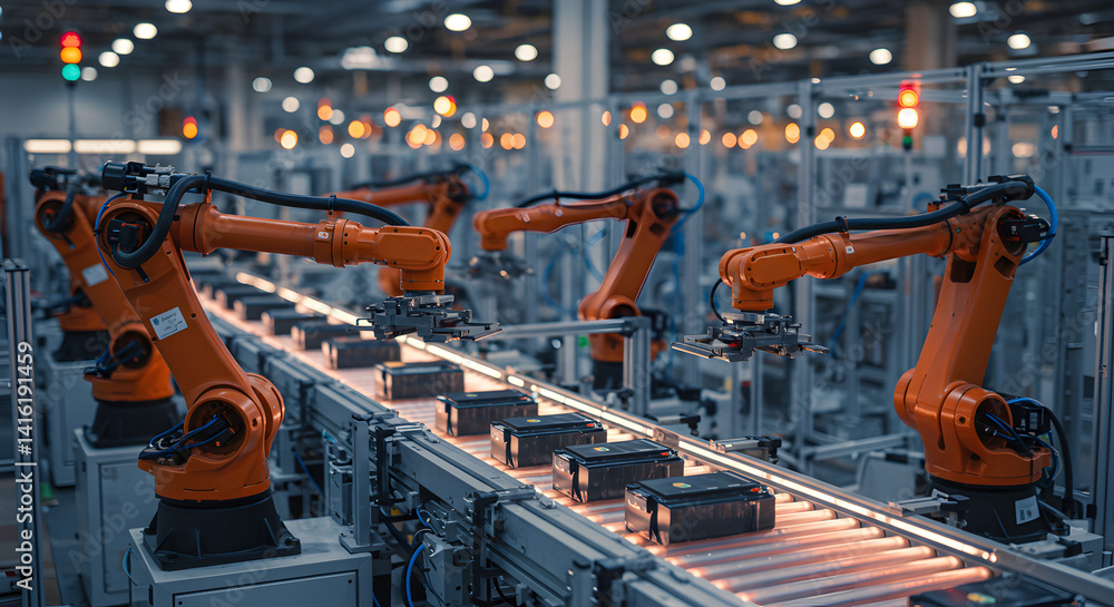 Aufkleber robotic arms working on assembly line with orange conveyor belt at modern factory with automated man