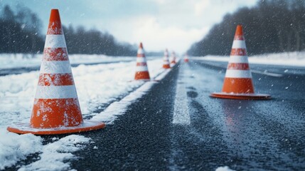 A road safety campaign showing various weather conditions and the appropriate safety gear, like cones and signs, to use.