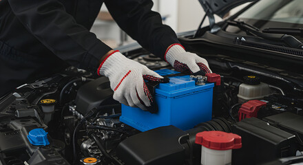 Fototapeta premium Mechanic Replacing Car Battery with Black Gloves in Well Lit Engine Bay