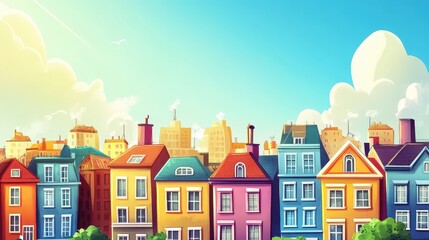 Obraz premium Colorful Town: A vibrant row of houses with diverse architectural styles and bright colors basks under a cheerful sky, inviting the viewer to imagine life in this picturesque setting.