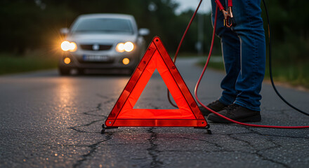 Man Using Jumper Cables on Car with Warning Triangle on Dark Asphalt Road at Night